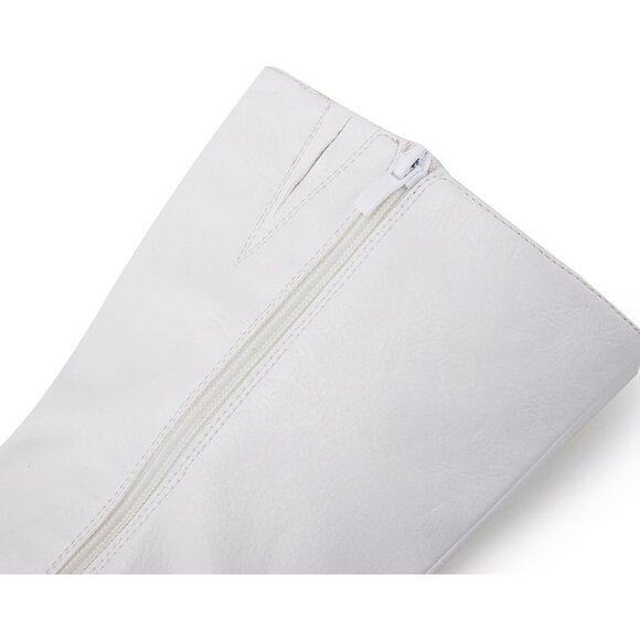 Women White Mid Knee High Boots Chunky Heel Slouchy Metal Buckle Winter Shoes - Picture 6 of 7